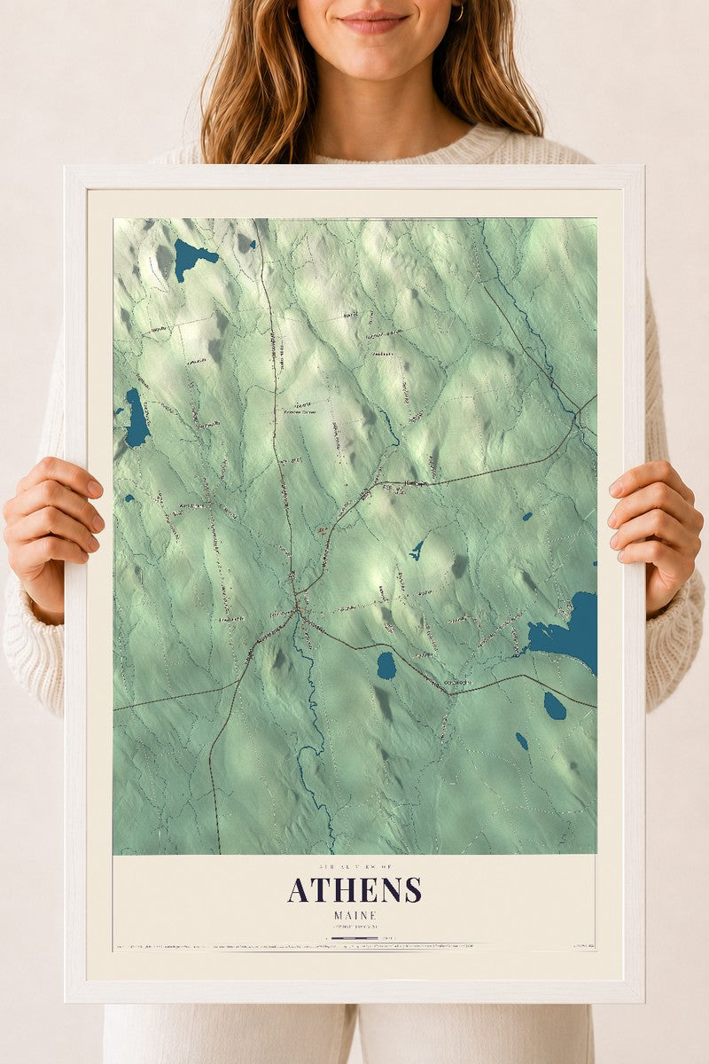 Athens, Maine map print - 18 x 24 white Ayous wood frame