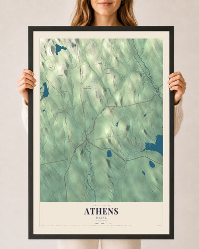 Athens, Maine map print - 24 x 36 black Ayous wood frame