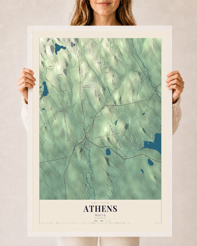 Athens, Maine map print - 24 x 36 white Ayous wood frame