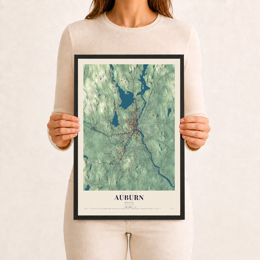 Map of Auburn, Maine, 12 x 18 inch print in a black wood frame
