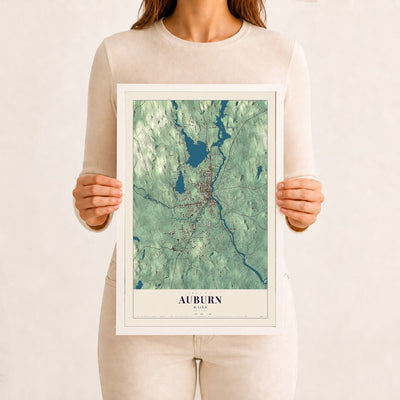 Auburn, Maine map print - 12 x 18 white Ayous wood frame