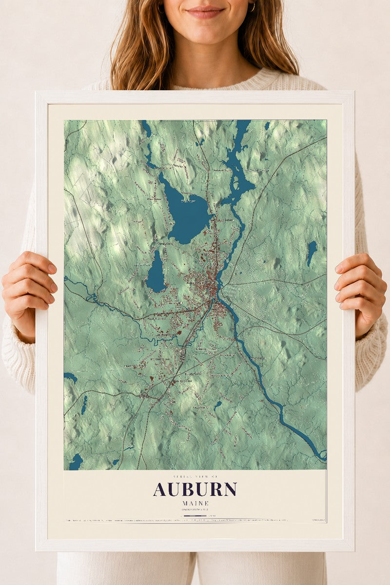 Auburn, Maine map print - 18 x 24 white Ayous wood frame