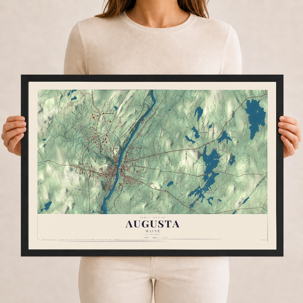 Augusta, Maine map print - 12 x 18 black Ayous wood frame