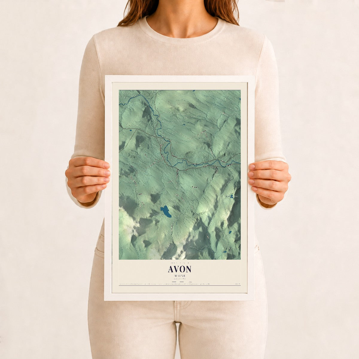Avon, Maine map print - 12 x 18 white Ayous wood frame