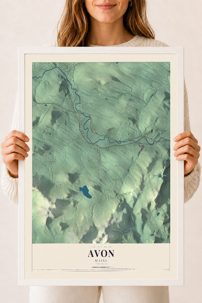 Avon, Maine map print - 18 x 24 white Ayous wood frame