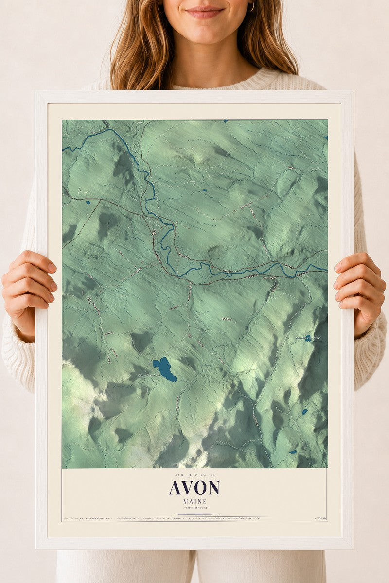 Avon, Maine map print - 18 x 24 white Ayous wood frame