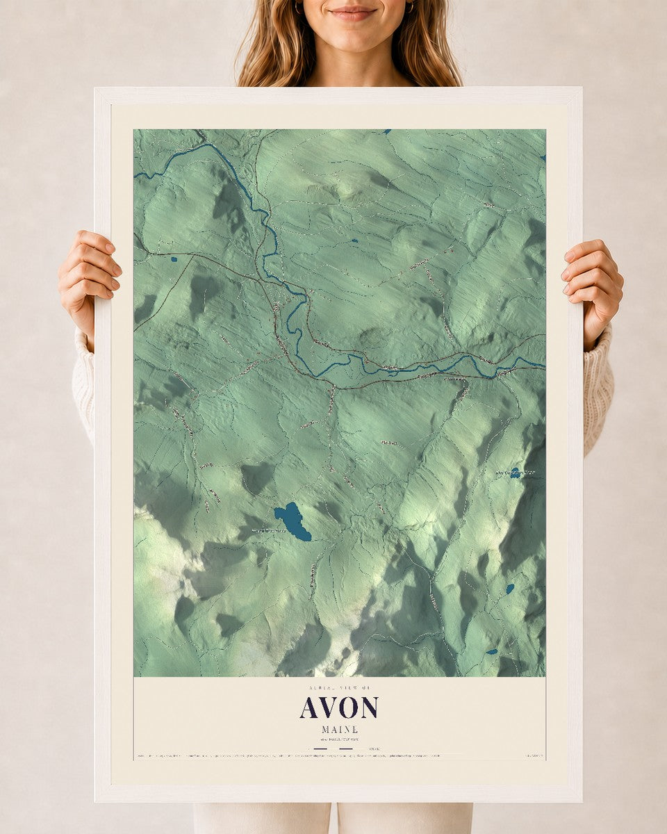 Avon, Maine map print - 24 x 36 white Ayous wood frame