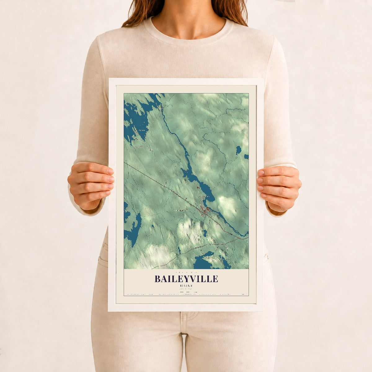 Baileyville, Maine map print - 12 x 18 white Ayous wood frame