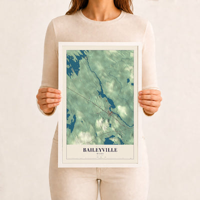Baileyville, Maine map print - 12 x 18 white Ayous wood frame