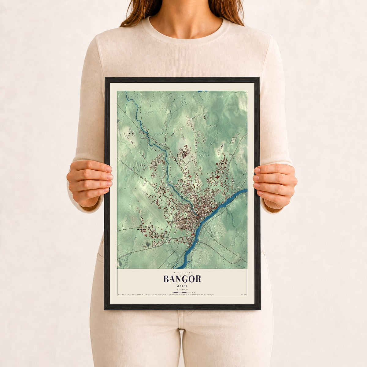 Bangor, Maine map print - 12 x 18 black Ayous wood frame
