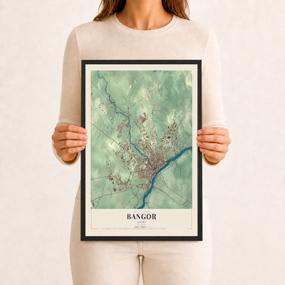 Bangor, Maine map print - 12 x 18 black Ayous wood frame