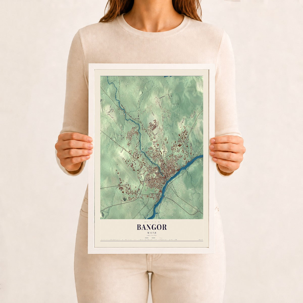 Bangor, Maine map print - 12 x 18 white Ayous wood frame