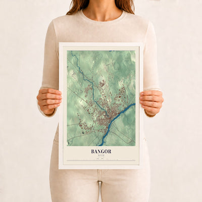 Bangor, Maine map print - 12 x 18 white Ayous wood frame