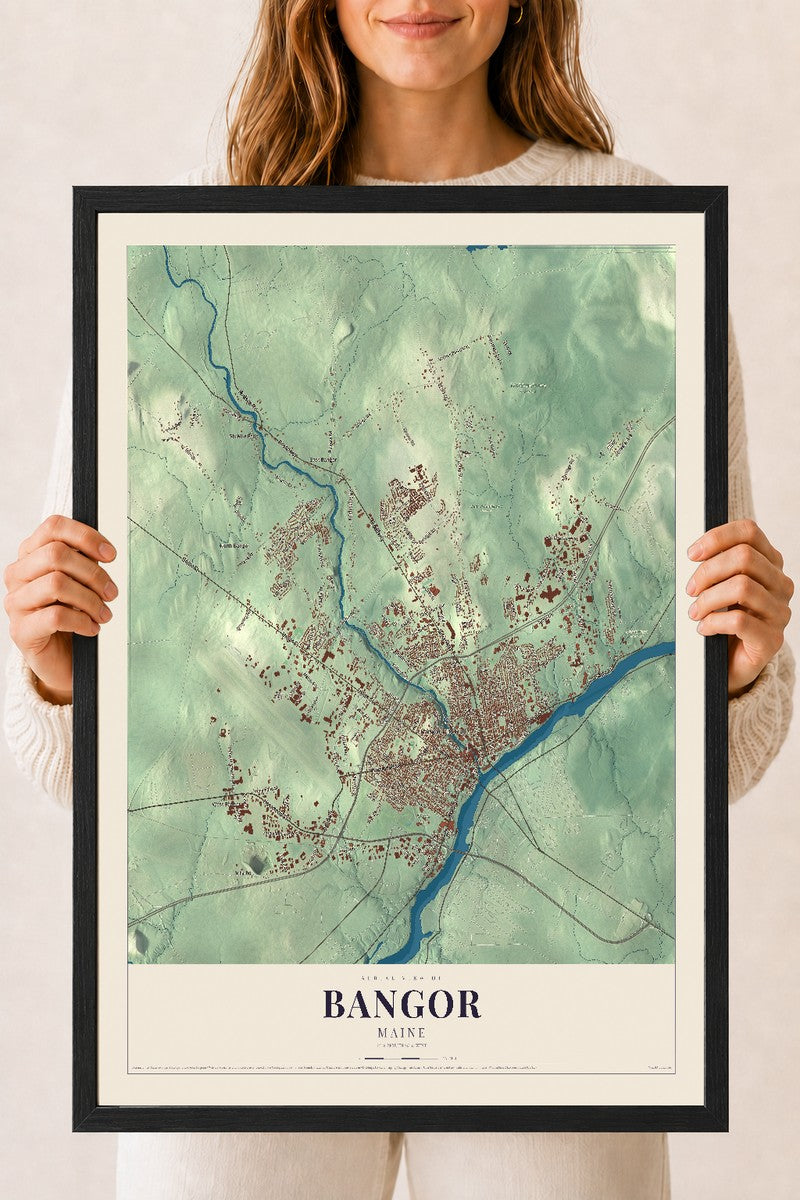 Bangor, Maine map print - 18 x 24 black Ayous wood frame