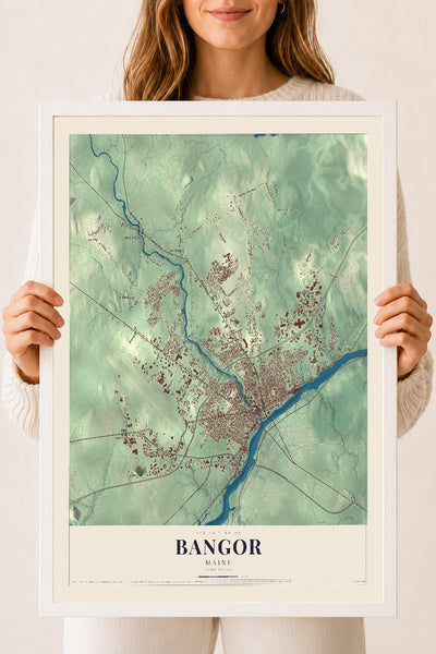 Bangor, Maine map print - 18 x 24 white Ayous wood frame