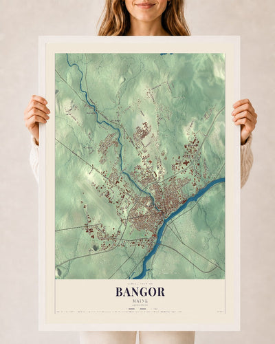 Bangor, Maine map print - 24 x 36 white Ayous wood frame