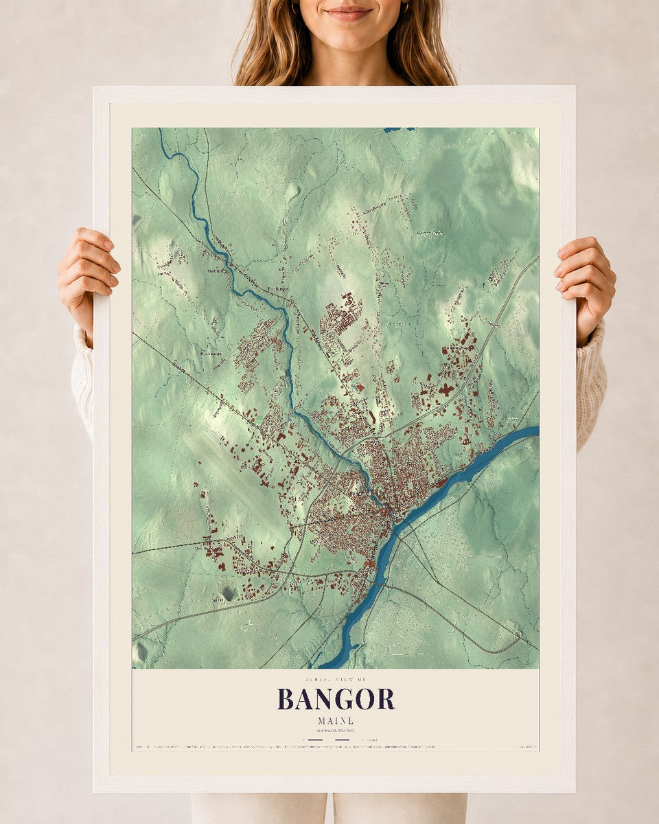 Bangor, Maine map print - 24 x 36 white Ayous wood frame