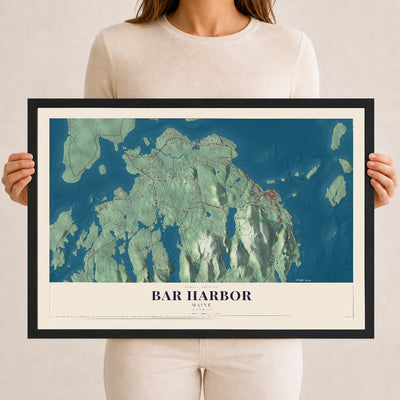 Bar Harbor, Maine map print - 12 x 18 black Ayous wood frame