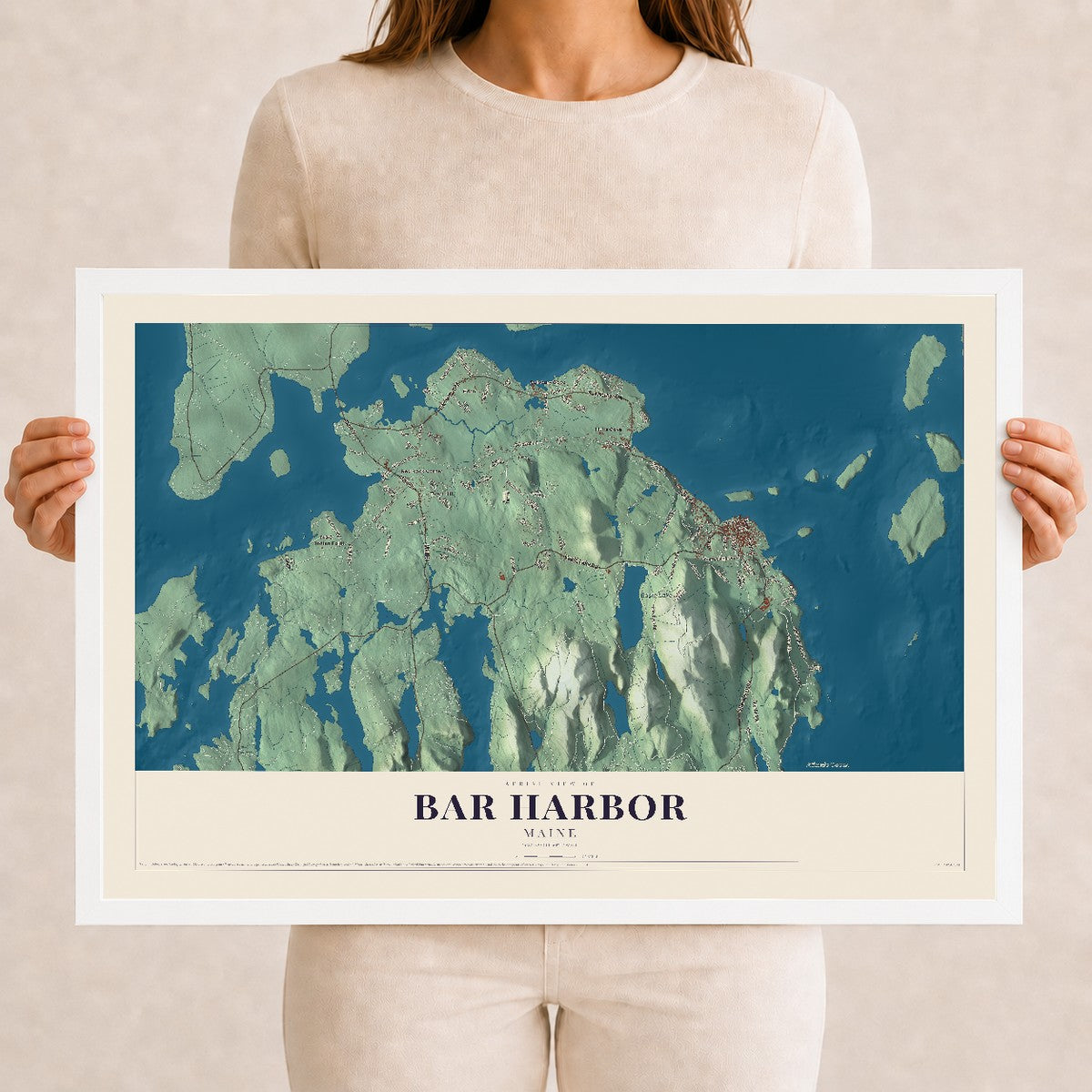 Bar Harbor, Maine map print - 12 x 18 white Ayous wood frame