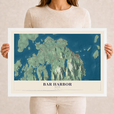 Bar Harbor, Maine map print - 12 x 18 white Ayous wood frame