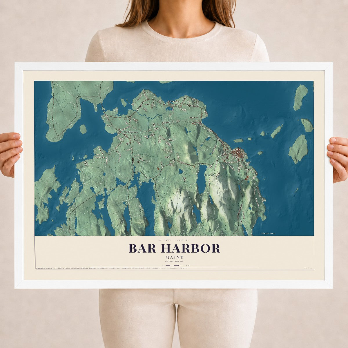 Bar Harbor, Maine map print - 18 x 24 white Ayous wood frame