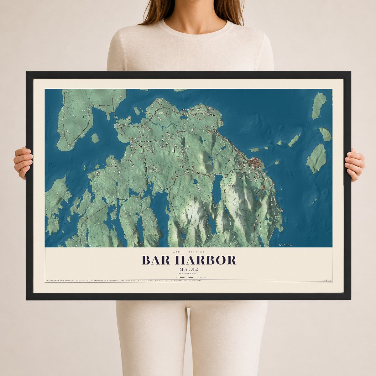 Bar Harbor, Maine map print - 24 x 36 black Ayous wood frame