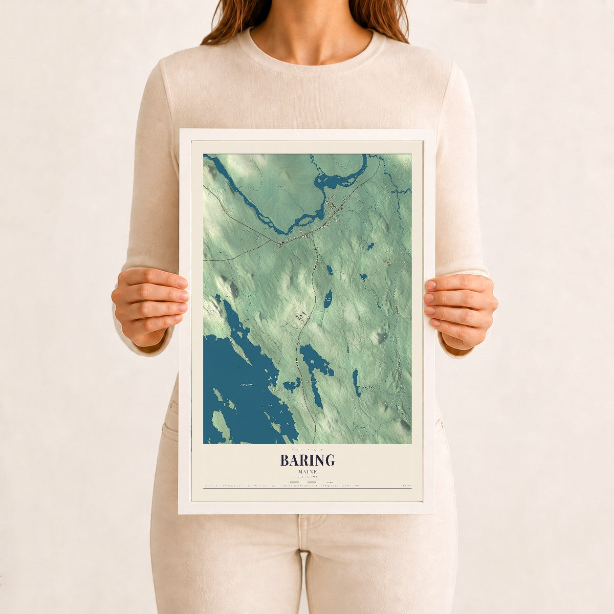 Baring, Maine map print - 12 x 18 white Ayous wood frame