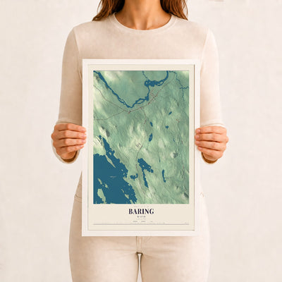 Baring, Maine map print - 12 x 18 white Ayous wood frame