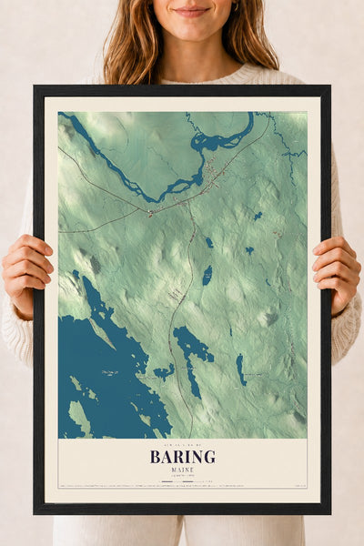 Baring, Maine map print - 18 x 24 black Ayous wood frame