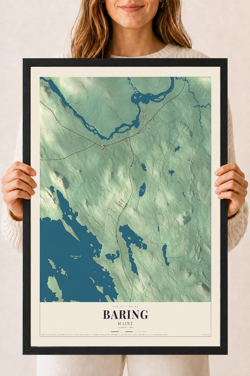 Baring, Maine map print - 18 x 24 black Ayous wood frame