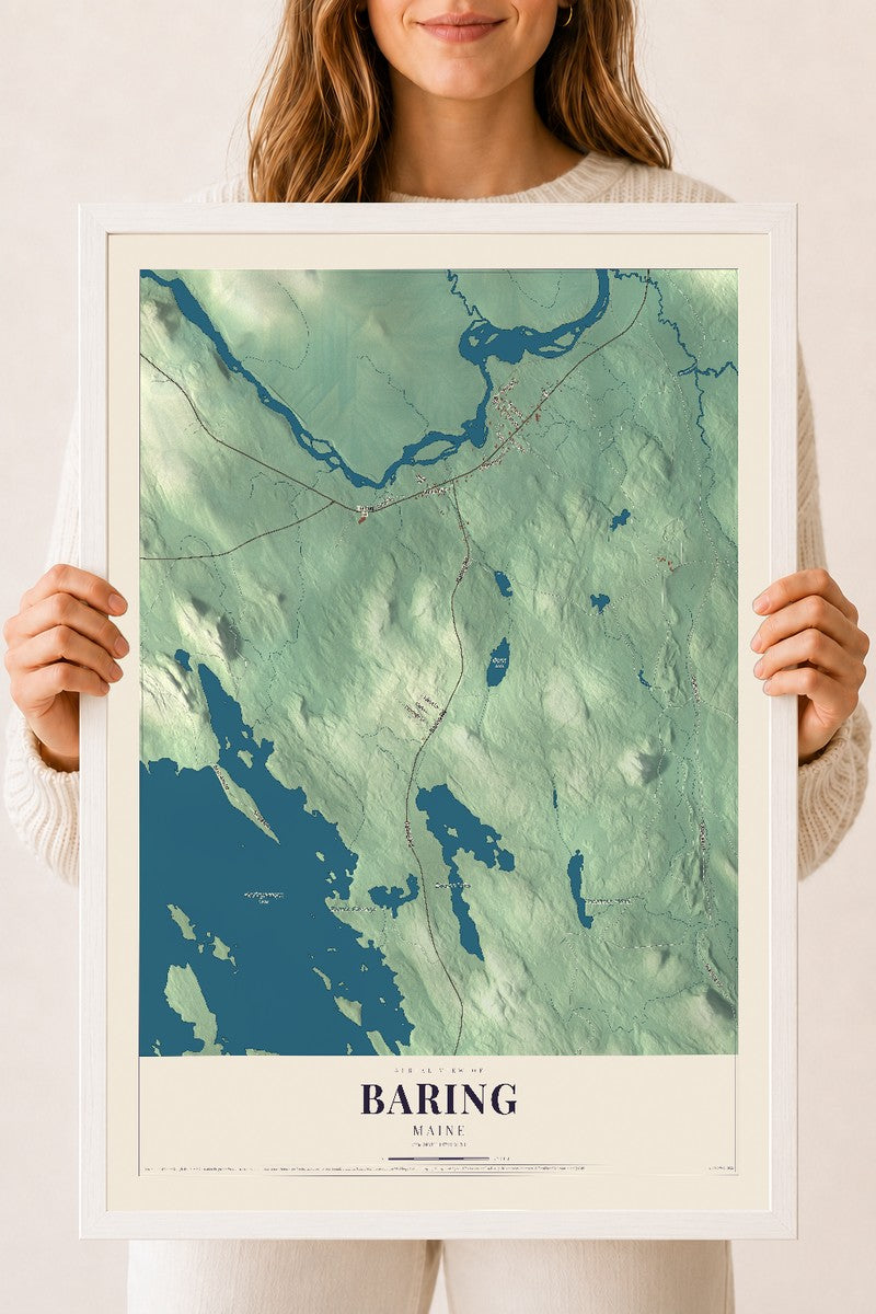 Baring, Maine map print - 18 x 24 white Ayous wood frame