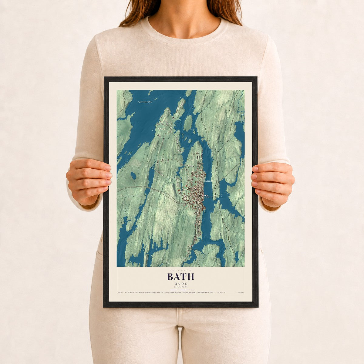 Bath, Maine map print - 12 x 18 black Ayous wood frame