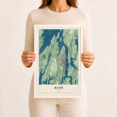 Bath, Maine map print - 12 x 18 white Ayous wood frame