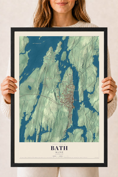 Bath, Maine map print - 18 x 24 black Ayous wood frame