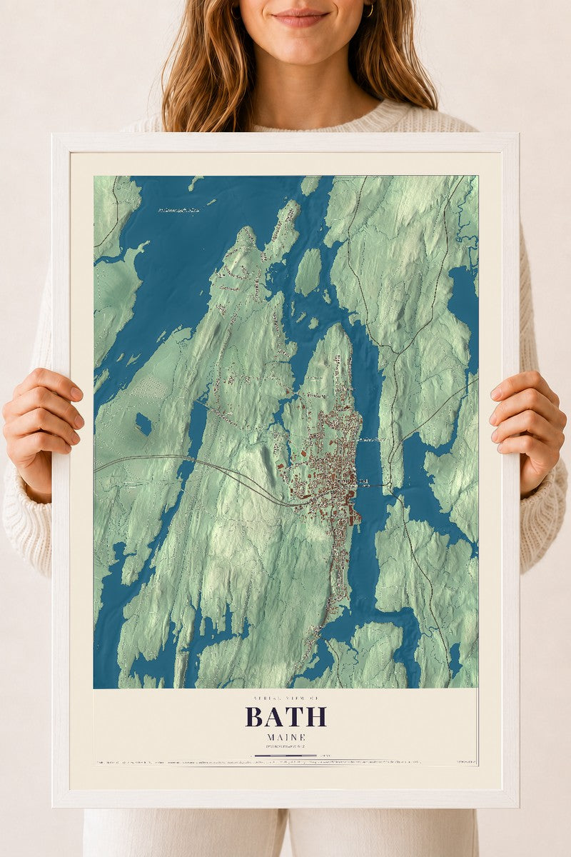Bath, Maine map print - 18 x 24 white Ayous wood frame