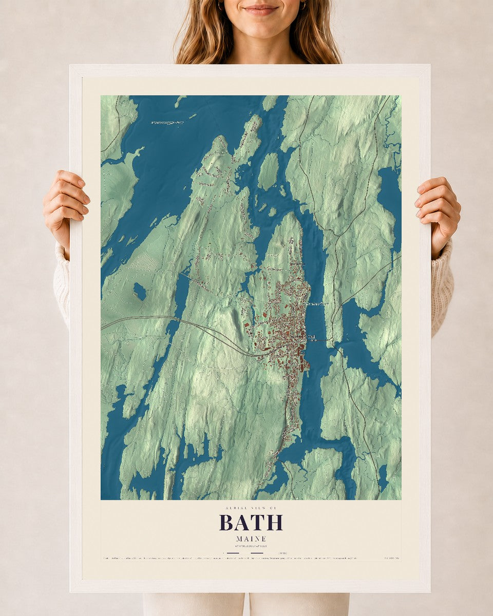 Bath, Maine map print - 24 x 36 white Ayous wood frame