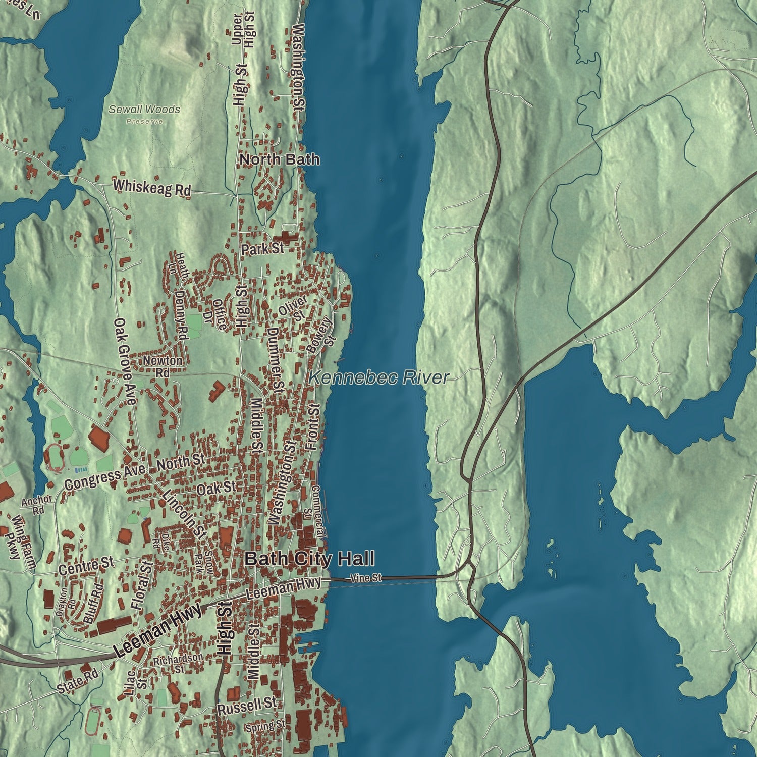 Terrain and local geography detail from the Bath, Maine map