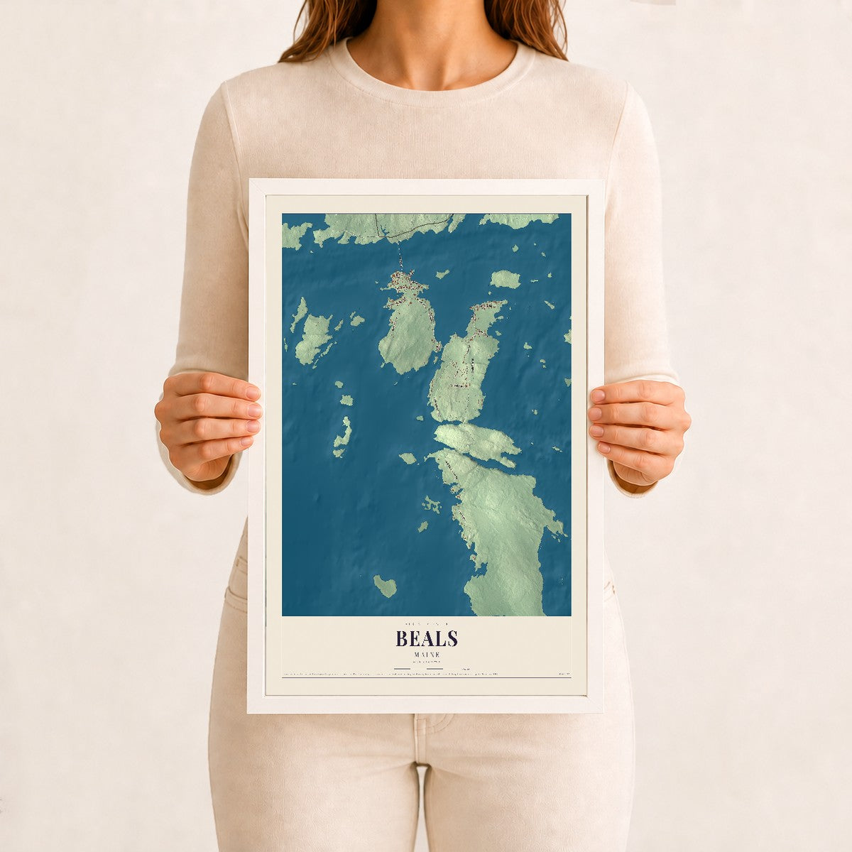 Beals, Maine map print - 12 x 18 white Ayous wood frame