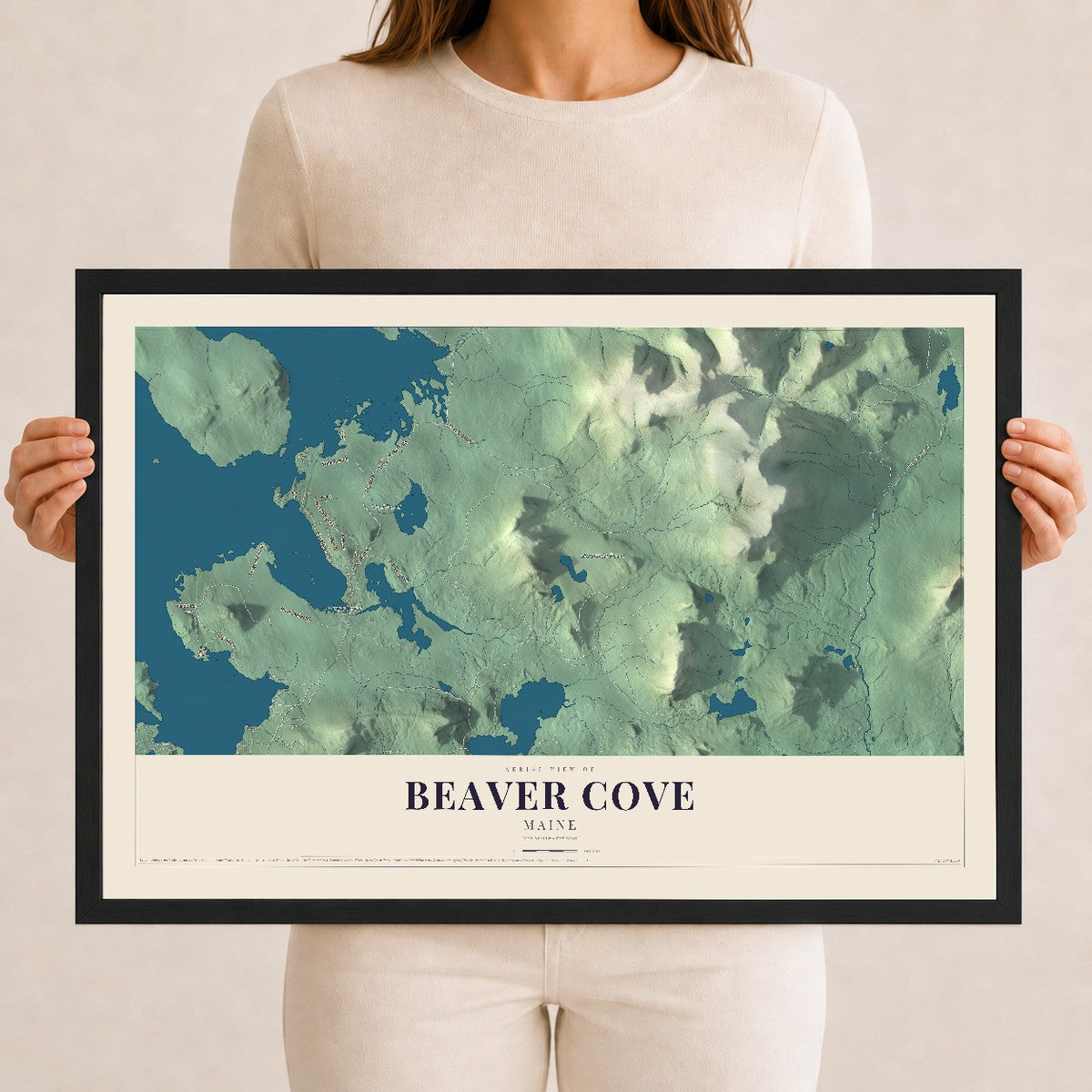 Beaver Cove, Maine map print - 12 x 18 black Ayous wood frame
