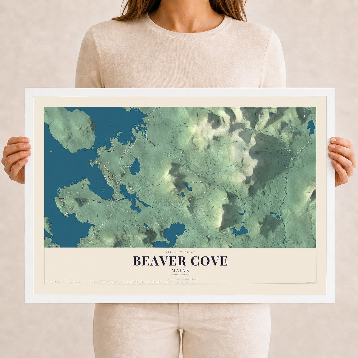 Beaver Cove, Maine map print - 12 x 18 white Ayous wood frame