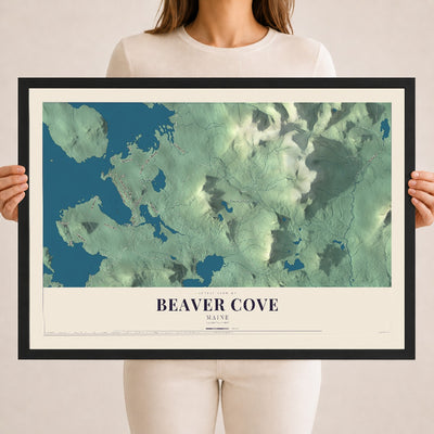 Beaver Cove, Maine map print - 18 x 24 black Ayous wood frame