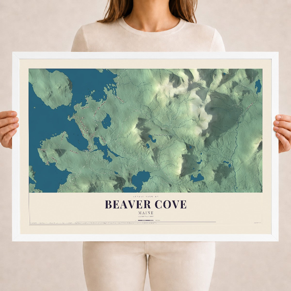 Beaver Cove, Maine map print - 18 x 24 white Ayous wood frame