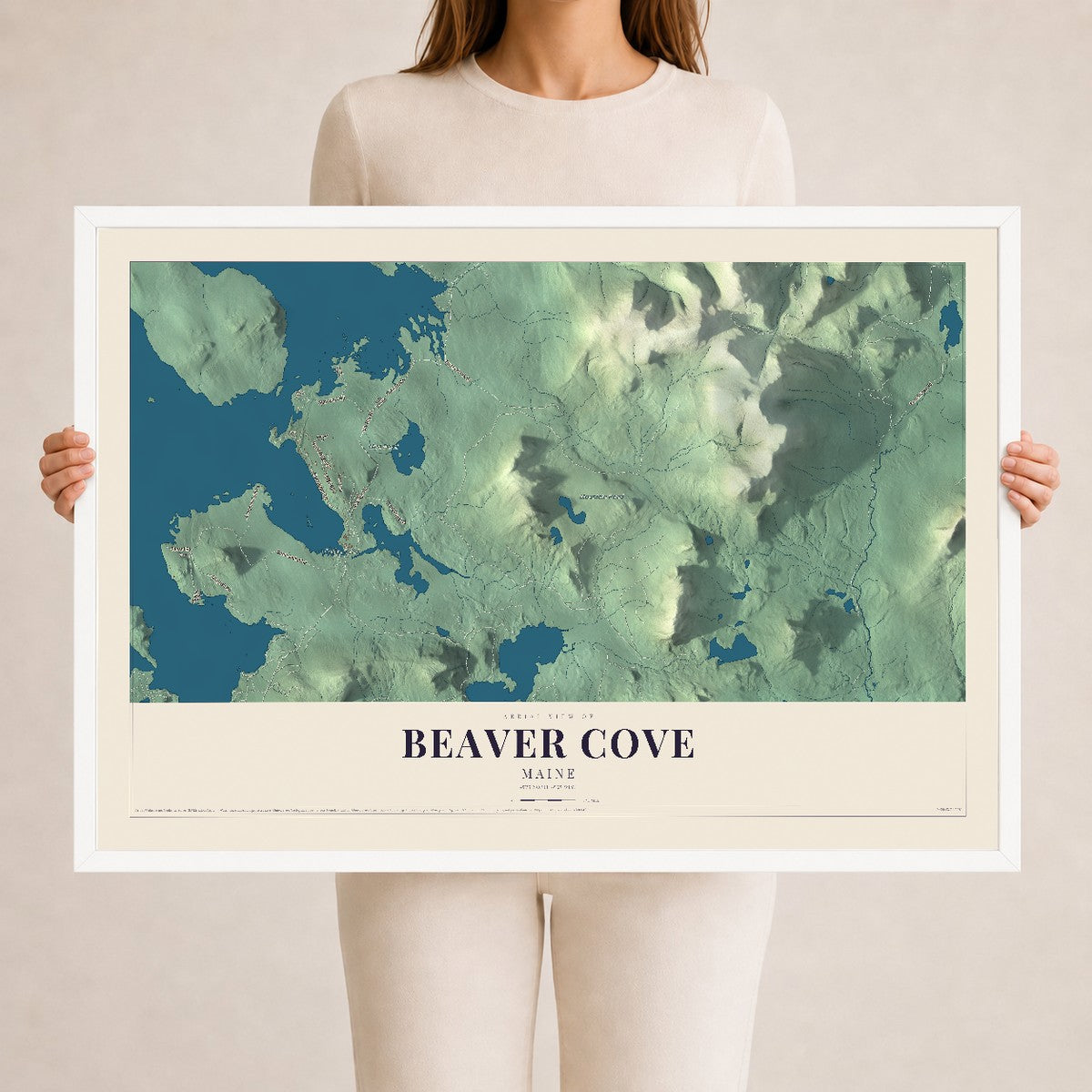 Beaver Cove, Maine map print - 24 x 36 white Ayous wood frame