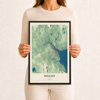 Belfast, Maine map print - 12 x 18 black Ayous wood frame
