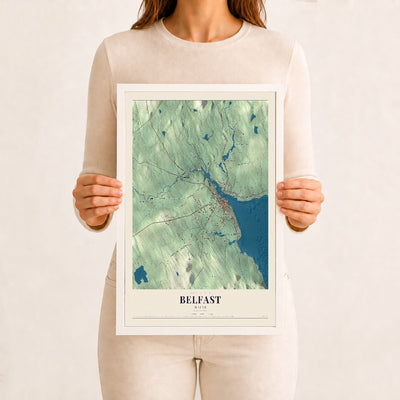 Belfast, Maine map print - 12 x 18 white Ayous wood frame