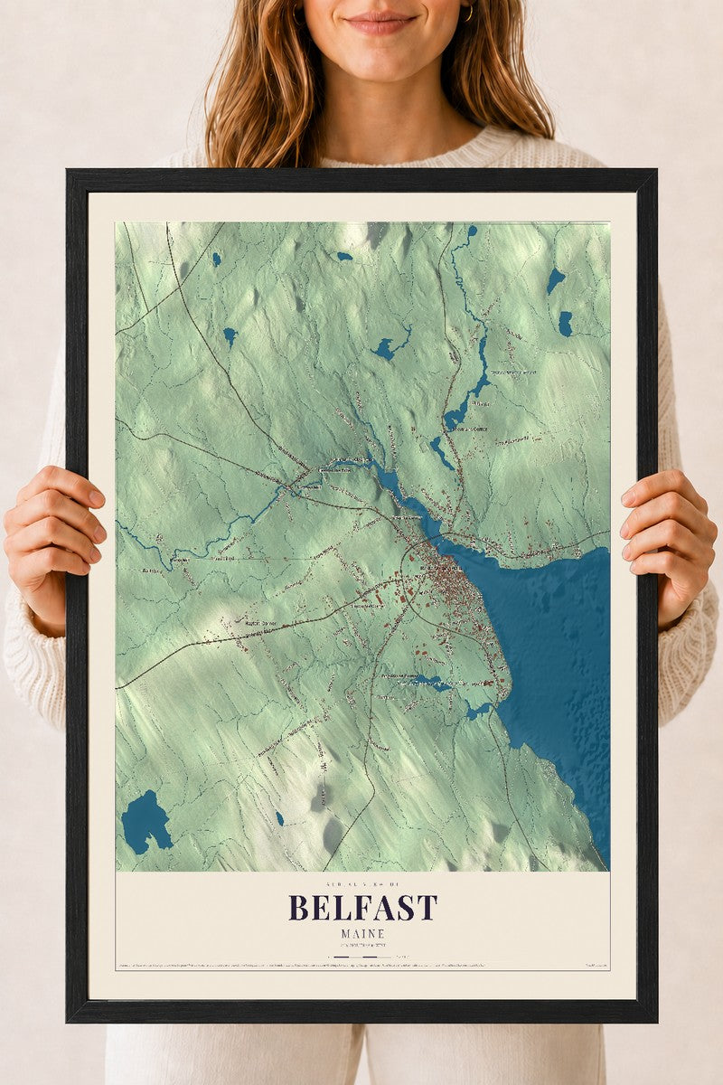 Belfast, Maine map print - 18 x 24 black Ayous wood frame