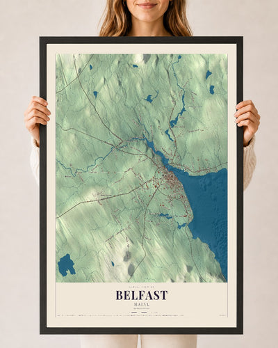 Belfast, Maine map print - 24 x 36 black Ayous wood frame