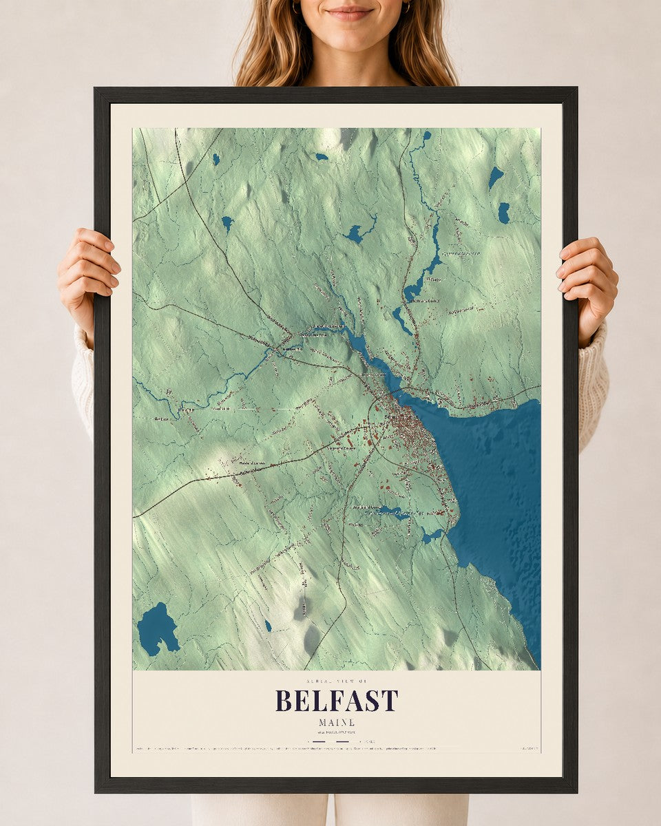 Belfast, Maine map print - 24 x 36 black Ayous wood frame