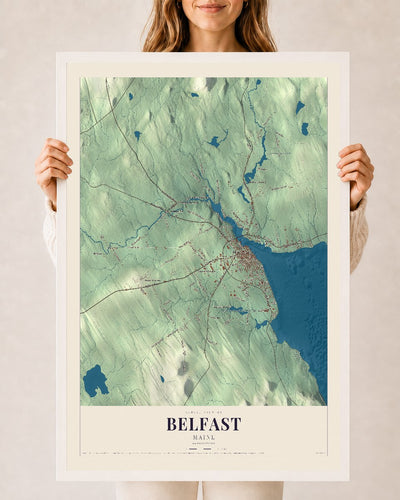 Belfast, Maine map print - 24 x 36 white Ayous wood frame
