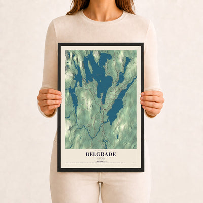 Belgrade, Maine map print - 12 x 18 black Ayous wood frame